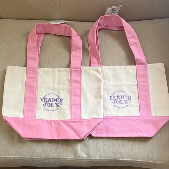 Trader Joes Pink and Cream Tote Bag mini canvas tote, Set of 2 - Picture 1 of 1